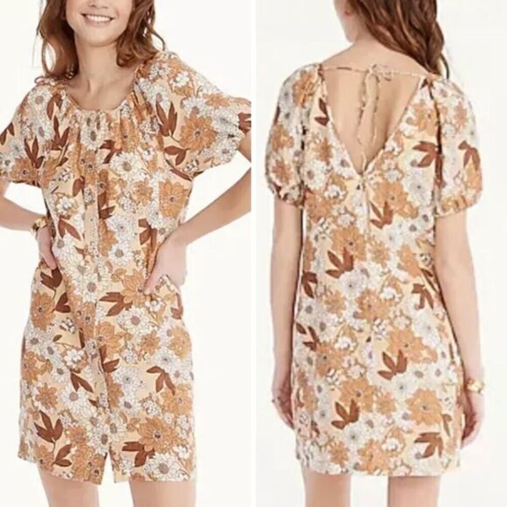 New! J. Crew Floral‎ V-Back Linen Sheath Camel Brown mini dress, size 0